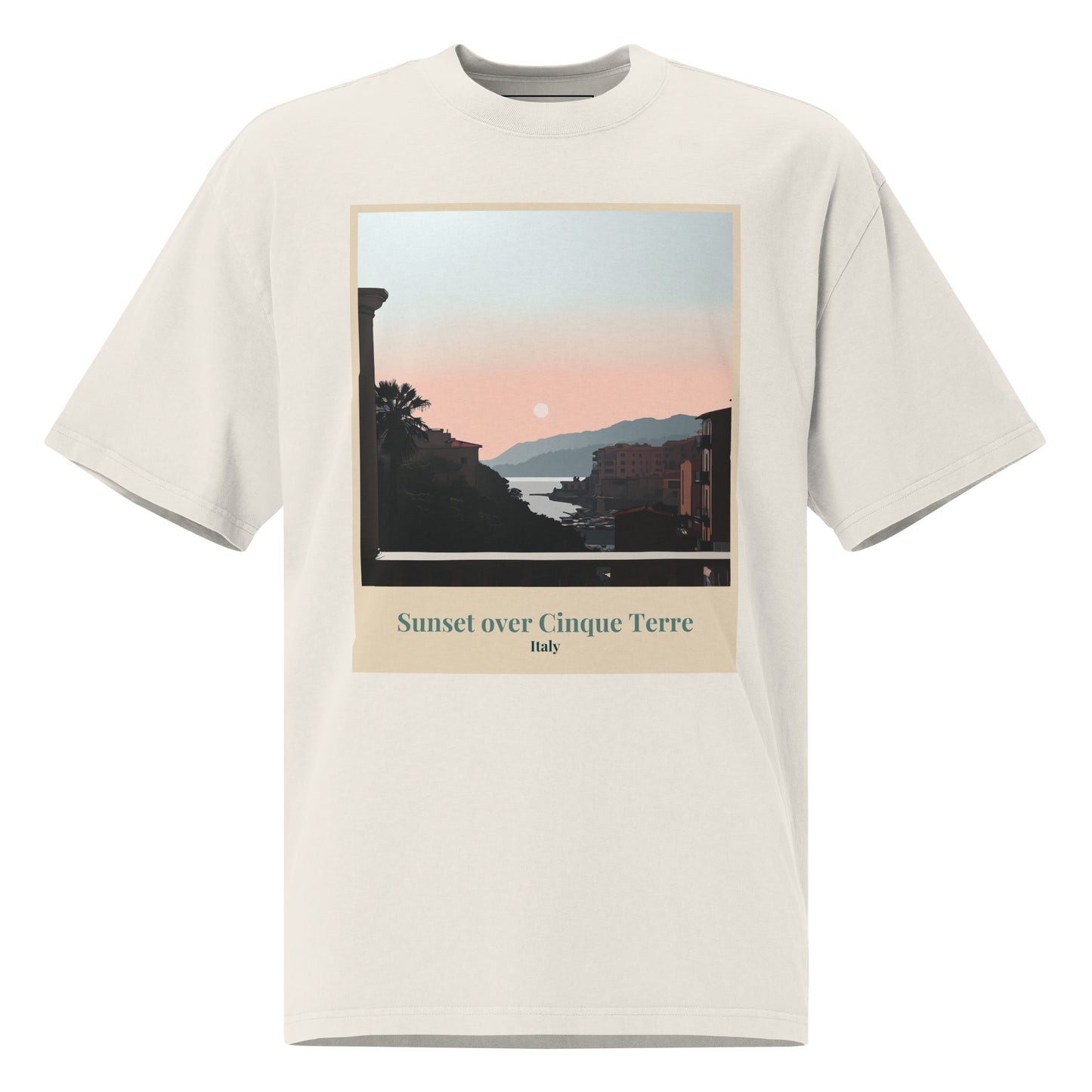 Übergroßes, verblasstes Unisex-T-Shirt - Sonnenuntergang über Cinque Terre