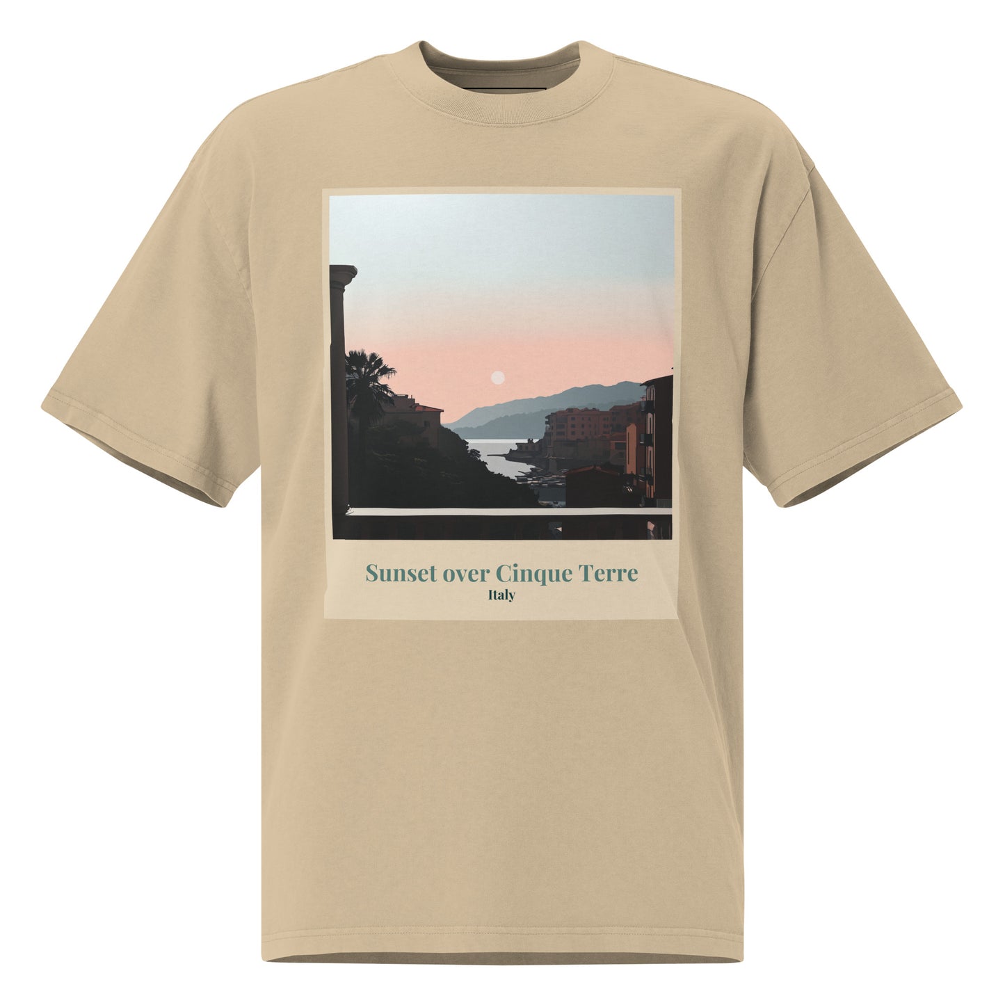 Übergroßes, verblasstes Unisex-T-Shirt - Sonnenuntergang über Cinque Terre